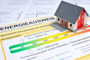Gebäudeenergieausweis mit Energieeffizienzklassen neben einem modernen Wohnhaus